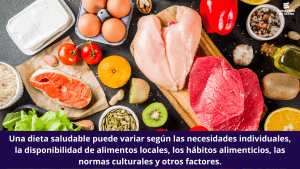 una dieta saludable puede variar según las necesidades individuales, la disponibilidad de alimentos locales, los hábitos alimenticios, las normas culturales y otros factores.